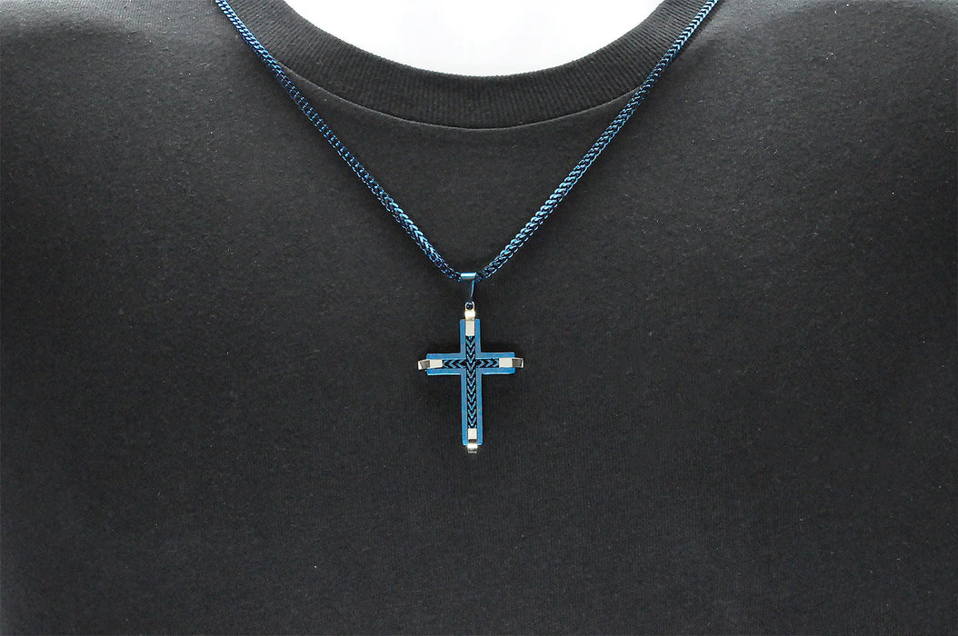 Blackjack Jewelry Blackjack Men's Blue-Toned Franco Inlay Cross SS BJP177BL - Time After Time Watches