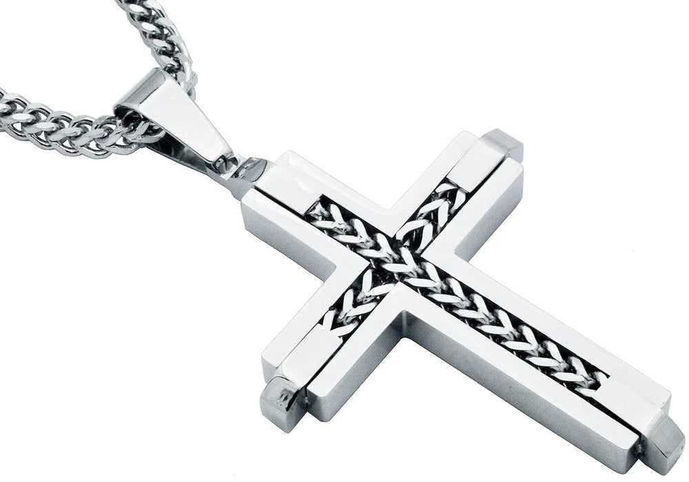 Stainless Steel Cross Pendant Necklace With Franco Link Chain Inlay