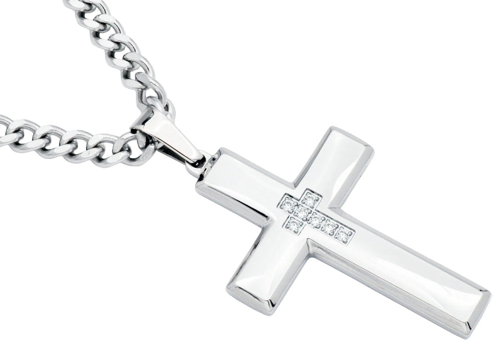 Blackjack Men's Polished SS Cross Necklace CZ BJP48