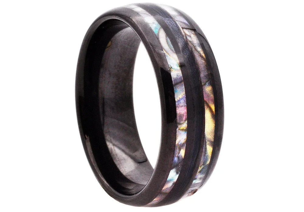 8mm Black Tungsten Ring With Abalone Stripes
