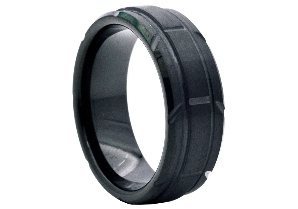 Black Tungsten Double Etched Stripe Ring