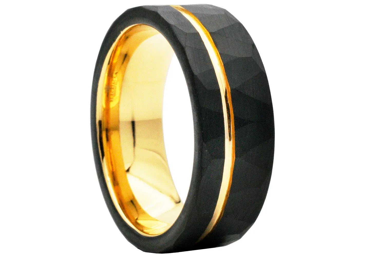 Two Tone Black and Gold Hammered Tungsten Ring