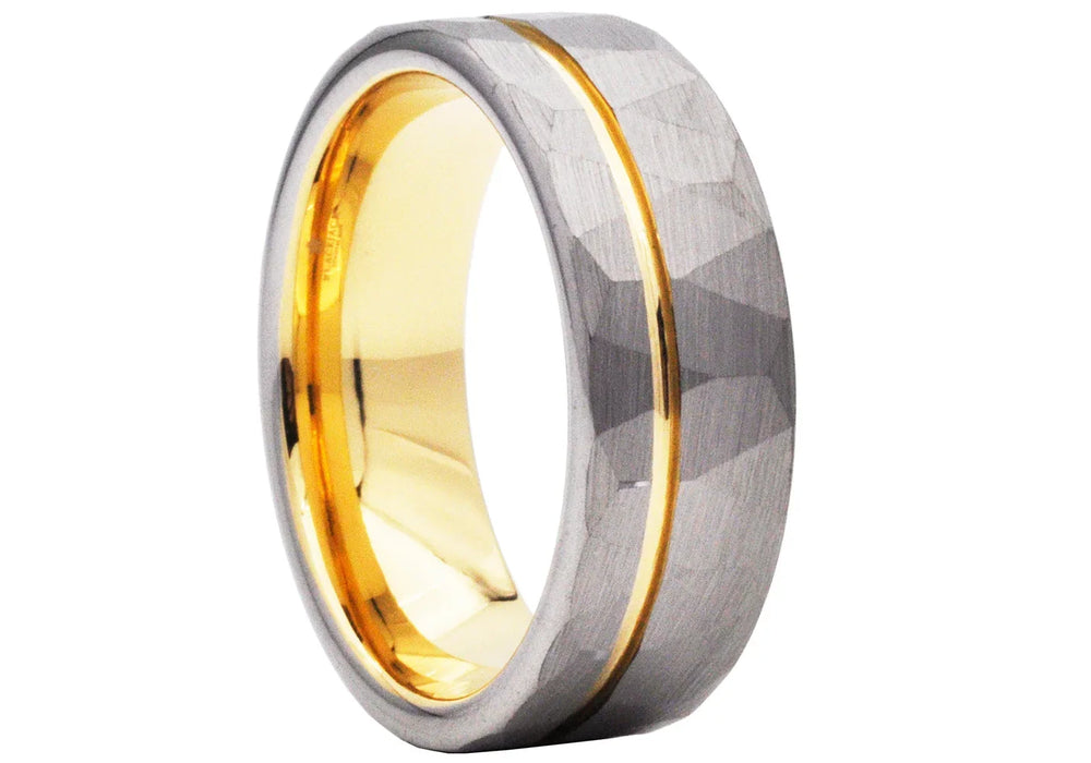 Two Tone Gold Hammered Tungsten Ring