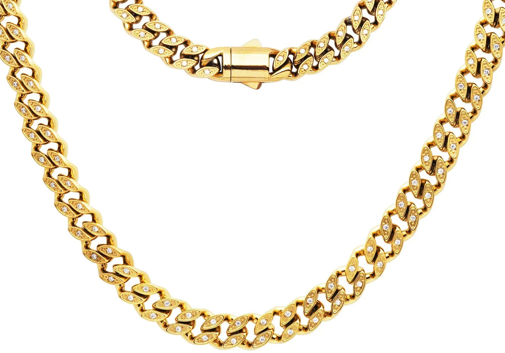 8mm Stainless Steel Cuban Link Chain Necklace With Cubic Zirconia