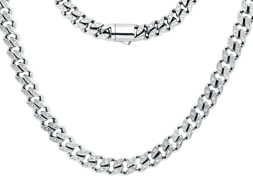 8mm Stainless Steel Cuban Link Chain Necklace With Cubic Zirconia