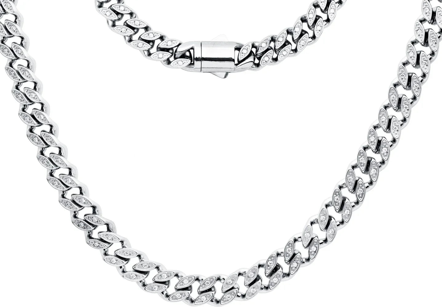 8mm Stainless Steel Cuban Link Chain Necklace With Cubic Zirconia