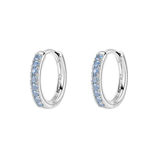 Silver hoop earrings with blue gemstones on a white background