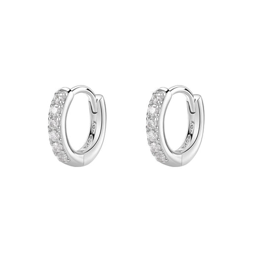 Pair of silver hoop earrings with clear gemstones on a white background