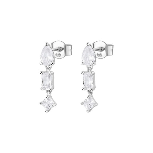 Pair of silver earrings with clear gemstones on a white background