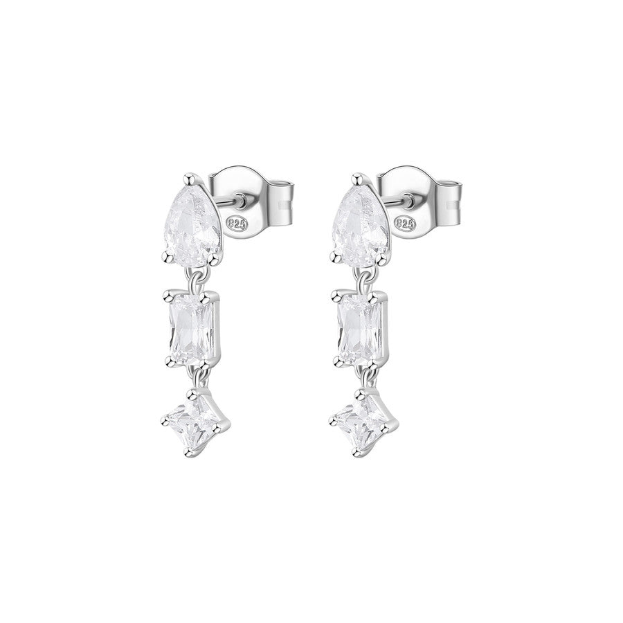 Pair of silver earrings with clear gemstones on a white background