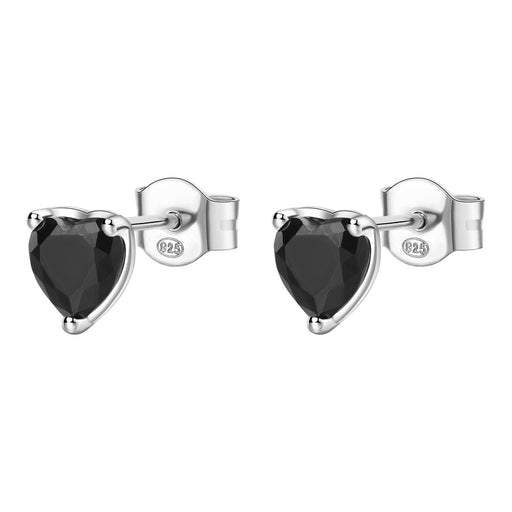 Heart-shaped black gemstone earrings with silver posts on a white background