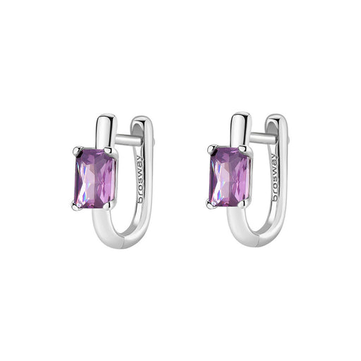 Silver hoop earrings with purple gemstones on a white background