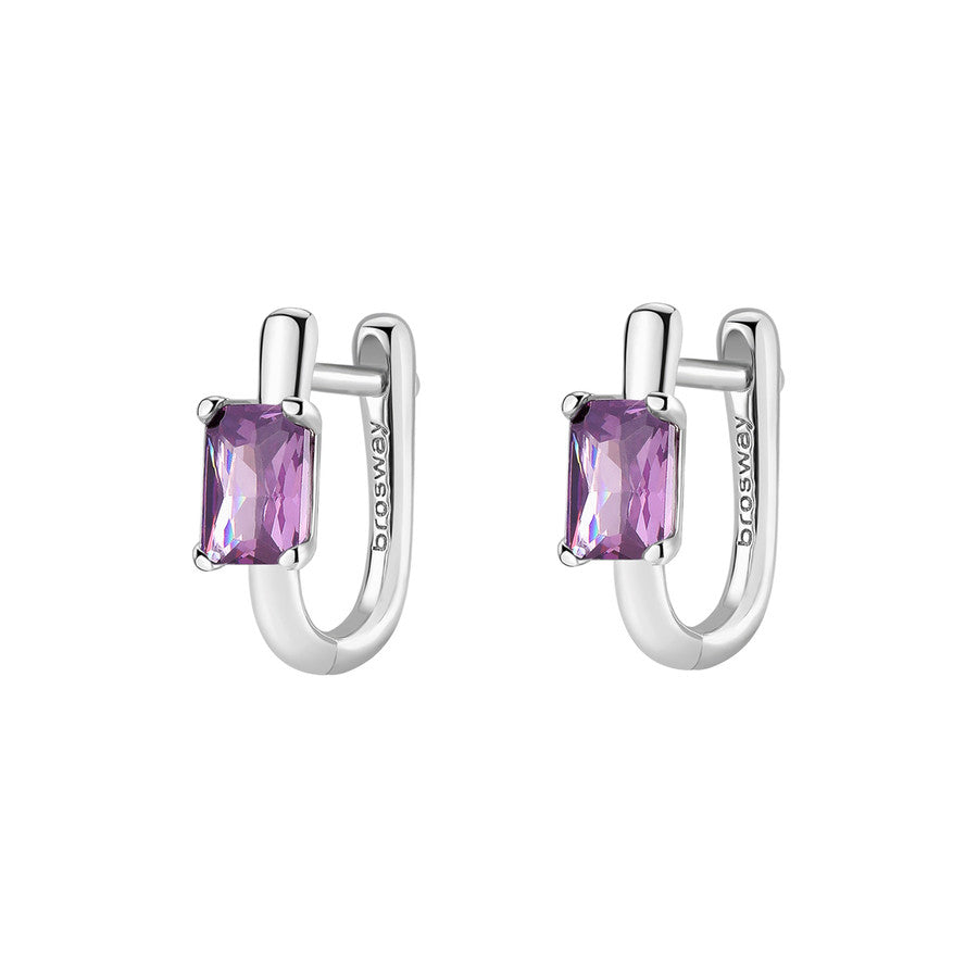 Silver hoop earrings with purple gemstones on a white background