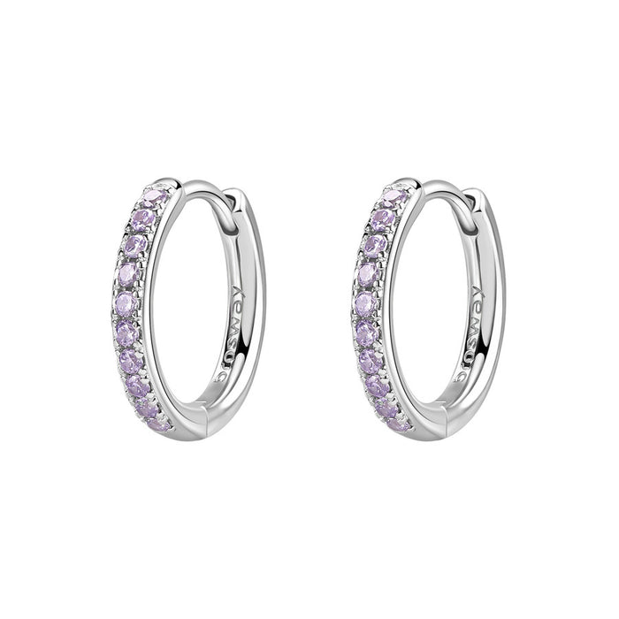 Silver hoop earrings with pink gemstones on a white background