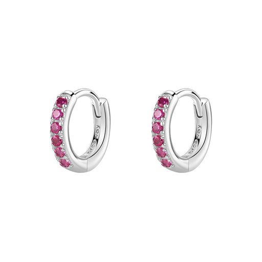 Silver hoop earrings with pink gemstones on a white background