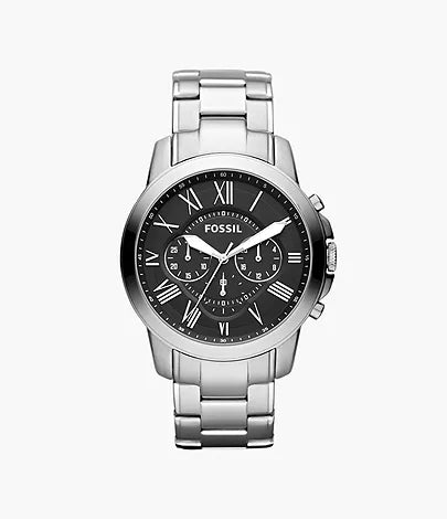 Mens Stainless Steel Fossil Grant Chronograph watch with black dial and roman numberals