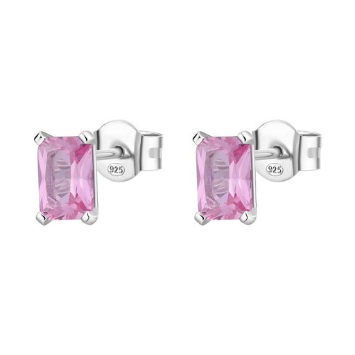 Pair of silver earrings with pink gemstones on a white background