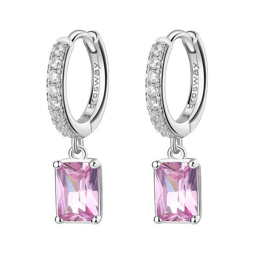 Silver hoop earrings with pink gemstones on a white background