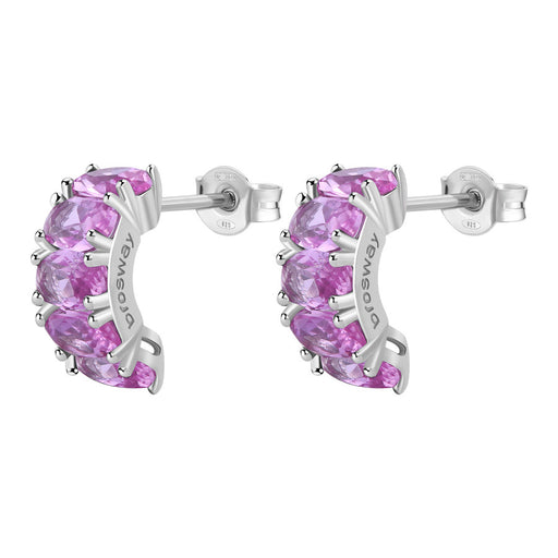 Silver hoop earrings with pink gemstones on a white background