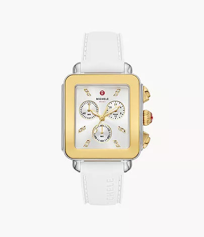 Michele Deco Sport, gold tone and stainless steel, white silicone strap, swiss movement, k1 mineral crystal. 