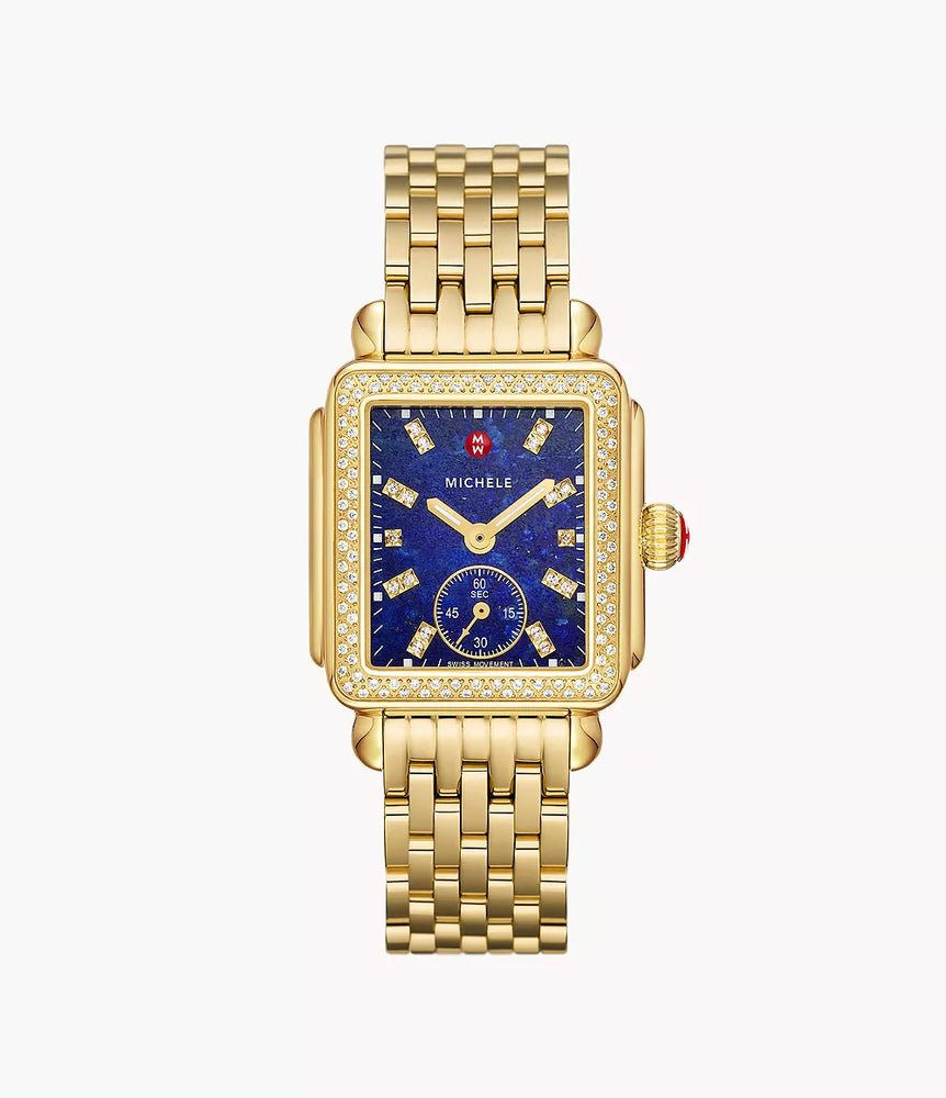 Michele Deco mid Size, blue dial diamond dial and bezel, gold plated square shape sapphire crystal swiss movement 
