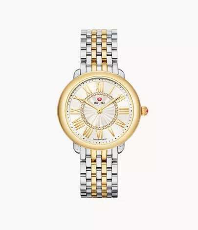 michele ladies two tone serein diamond dial 18k gold plated, swiss movement sapphire crystal