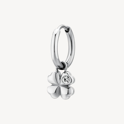 Silver four-leaf clover charm on a white background