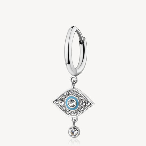 Silver hoop earring with a dangling eye charm on a white background