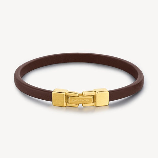 Brown leather bracelet with gold clasp on a white background