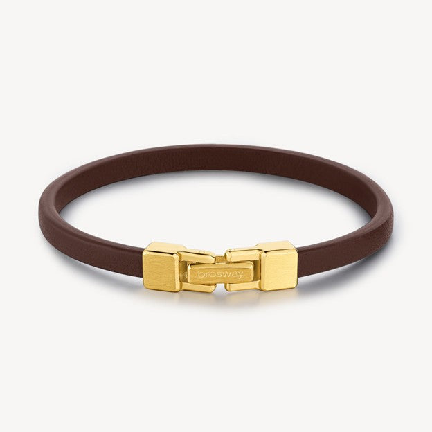 Brown leather bracelet with gold clasp on a white background