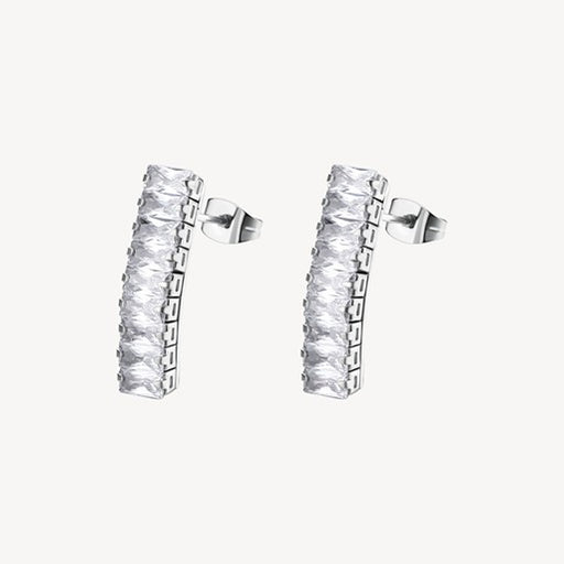 Pair of silver earrings with clear gemstones on a white background