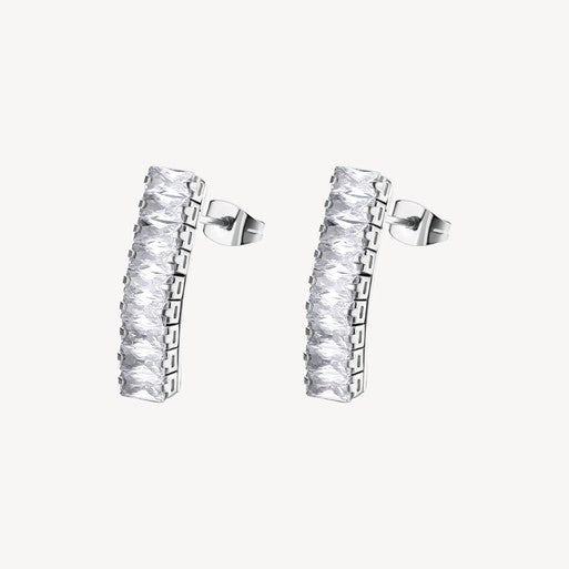 Pair of silver earrings with clear gemstones on a white background