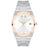 Silver and rose gold watch with white face on a white background