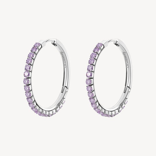 Silver hoop earrings with pink gemstones on a white background