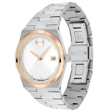 Silver watch with rose gold accents on a white background