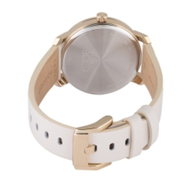 Watch with white strap and gold casing on a white background