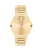 Gold wristwatch with a white background