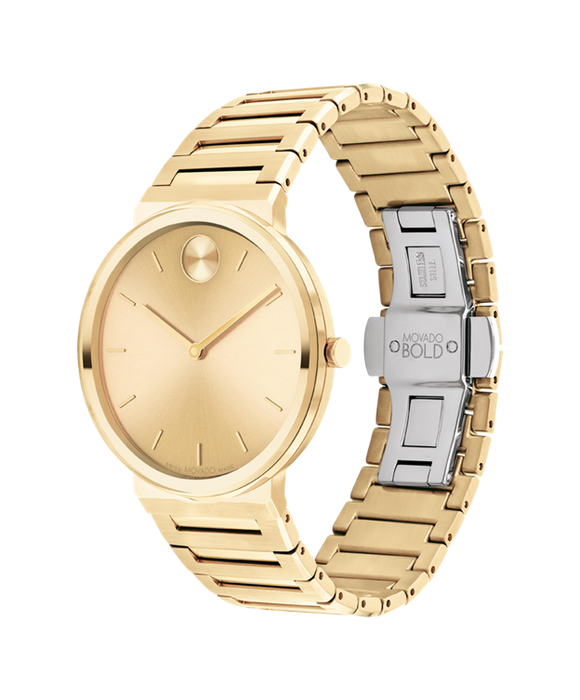 Gold watch with a visible brand logo on a white background
