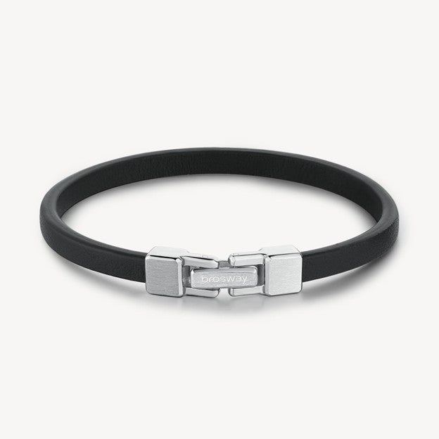 Black rubber bracelet with a silver clasp on a white background