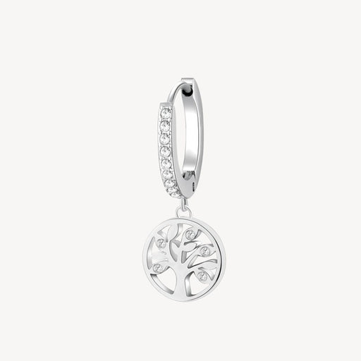 Silver earring with a tree of life design on a white background