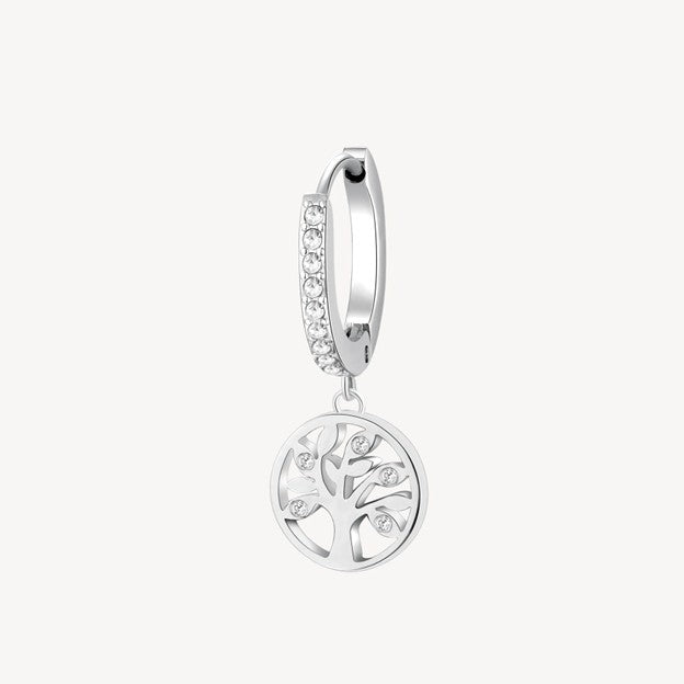Silver earring with a tree of life design on a white background