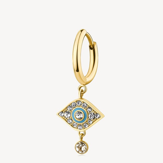 Gold hoop earring with an eye-shaped pendant on a white background