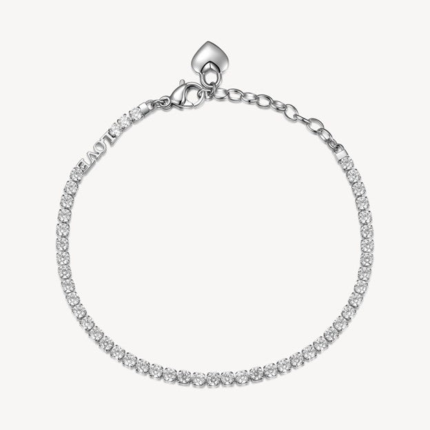 Silver bracelet with clear stones on a white background