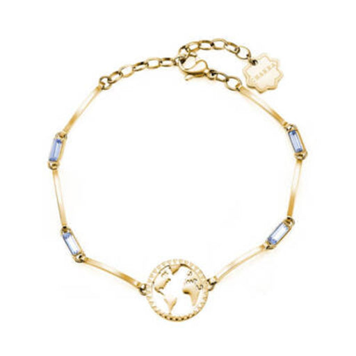 Gold bracelet with blue gemstones on a white background