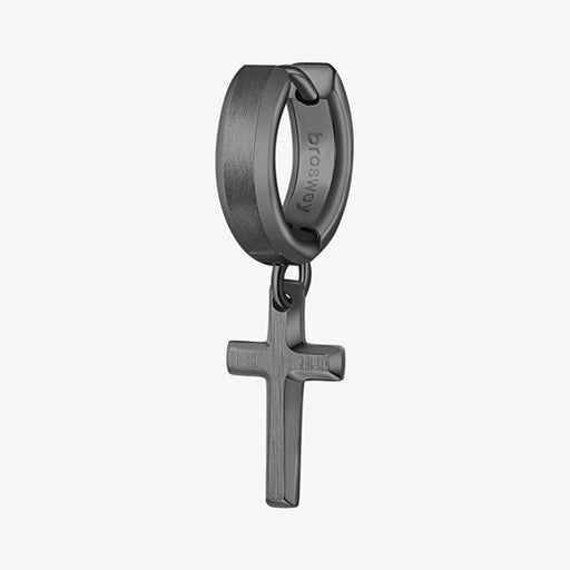 Black hinged hoop earring with a cross pendant on a white background