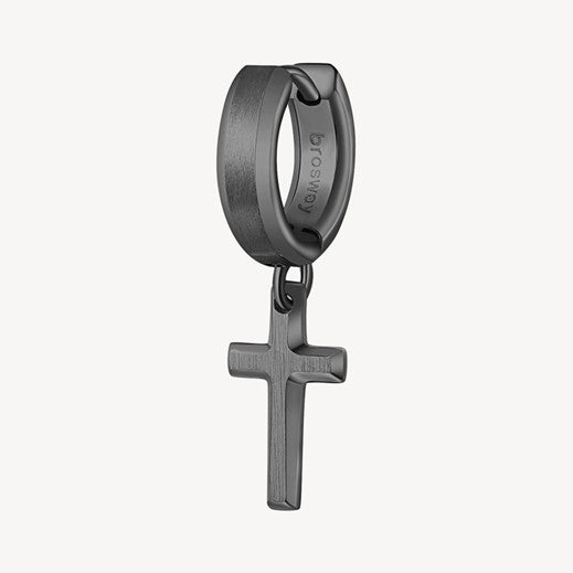 Black hinged hoop earring with a cross pendant on a white background
