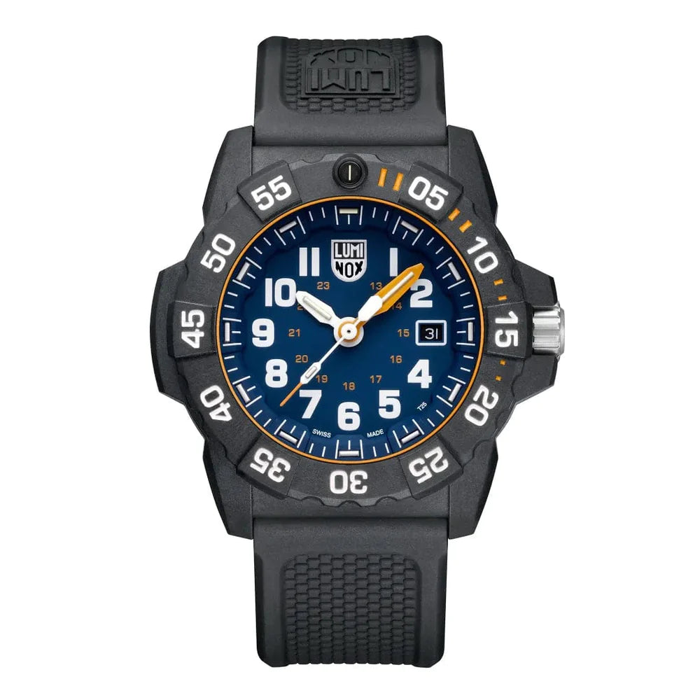 luminox mens navy seal foundation watch. 45mm in dial sizing and 24mm in width of the band. the face is blue with white arabic numbers and contrasting orange details. the casing and band of the watch are black. this model is water-resistant to 200m, luminescent markers and is equipped with a date wheel. 