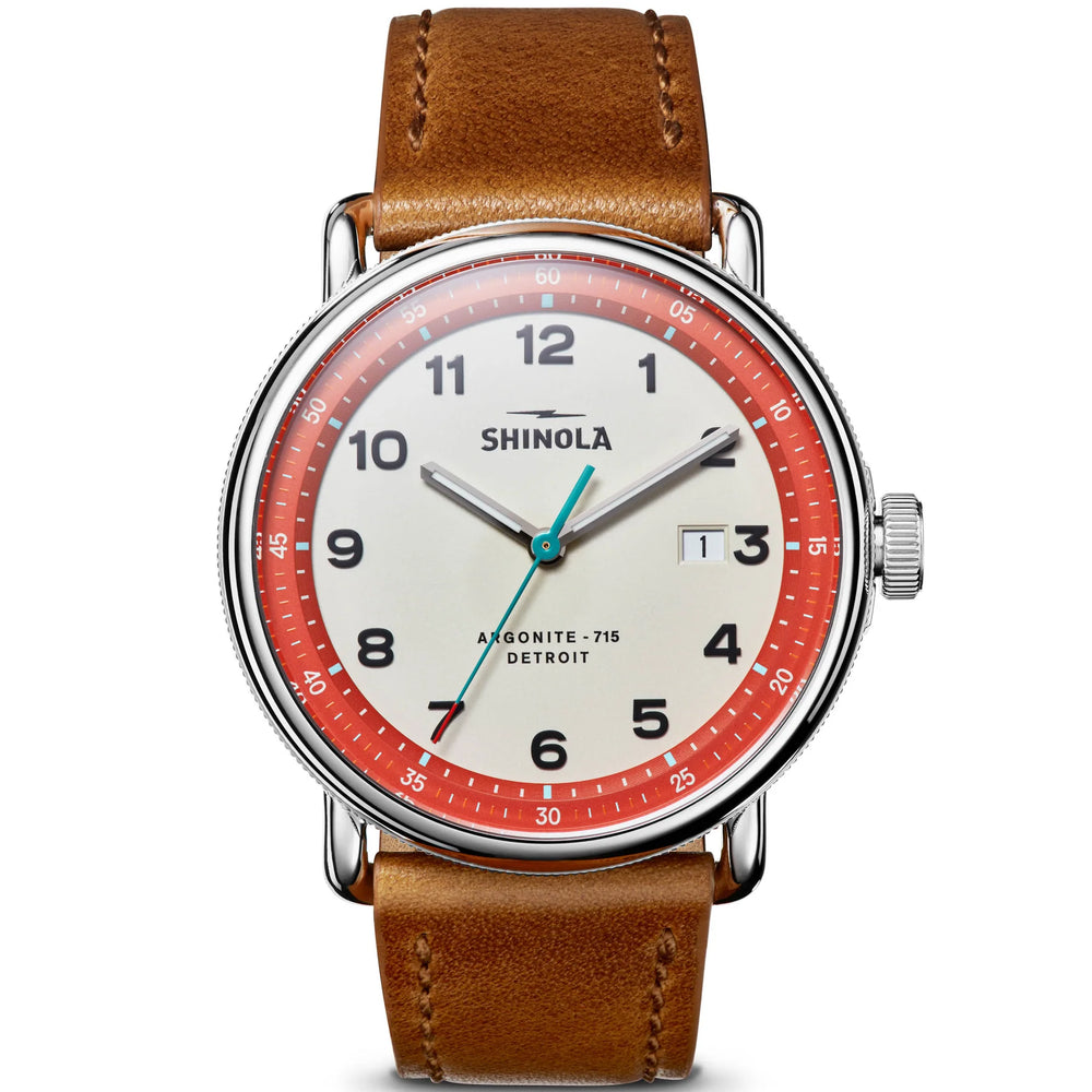 shinola mens canfield arabic numbers white dial with red accent, genuine leather