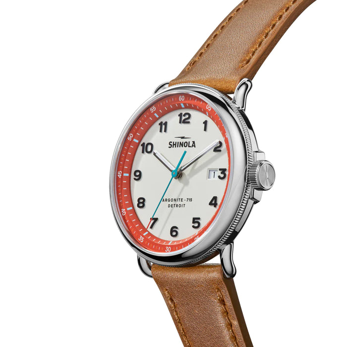 shinola mens canfield arabic numbers white dial with red accent, genuine leather