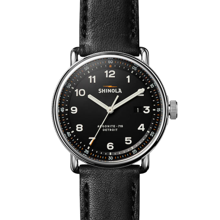 shinola mens canfield 43mm black dial black leather, date wheel and sapphire glass